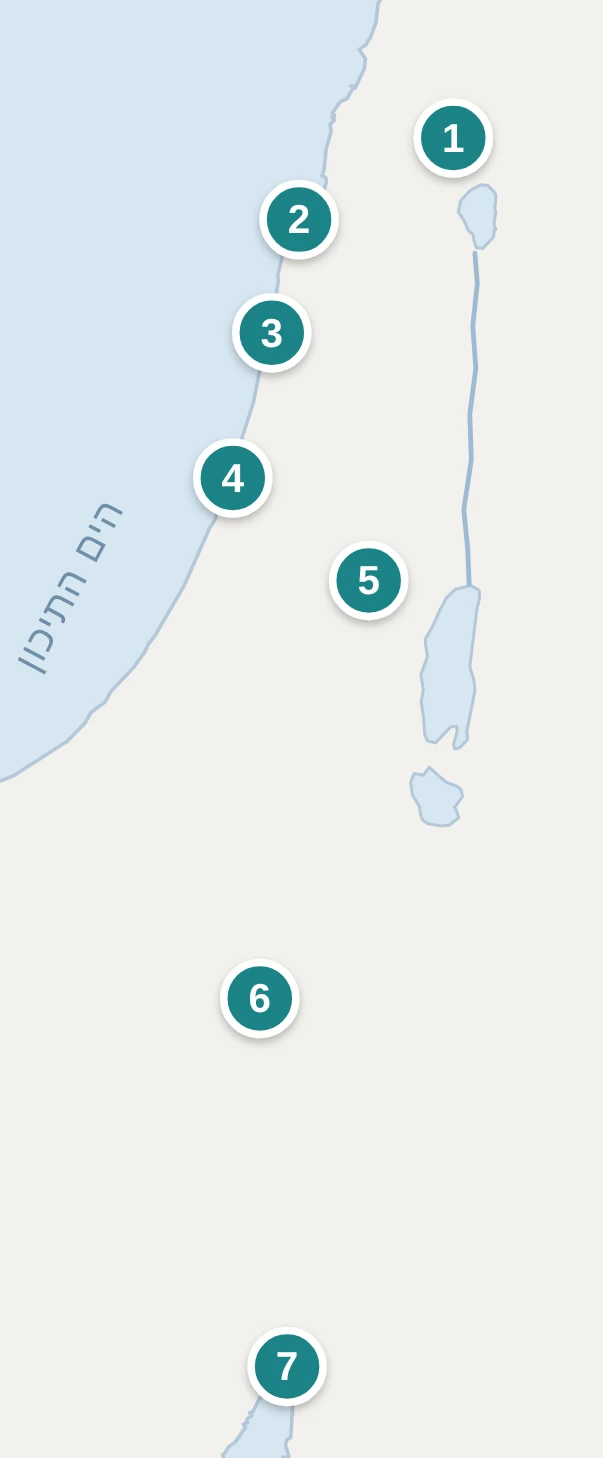 מפת ישראל עם 7 אזורי צילום מומלצים, ממוספרים מצפון לדרום