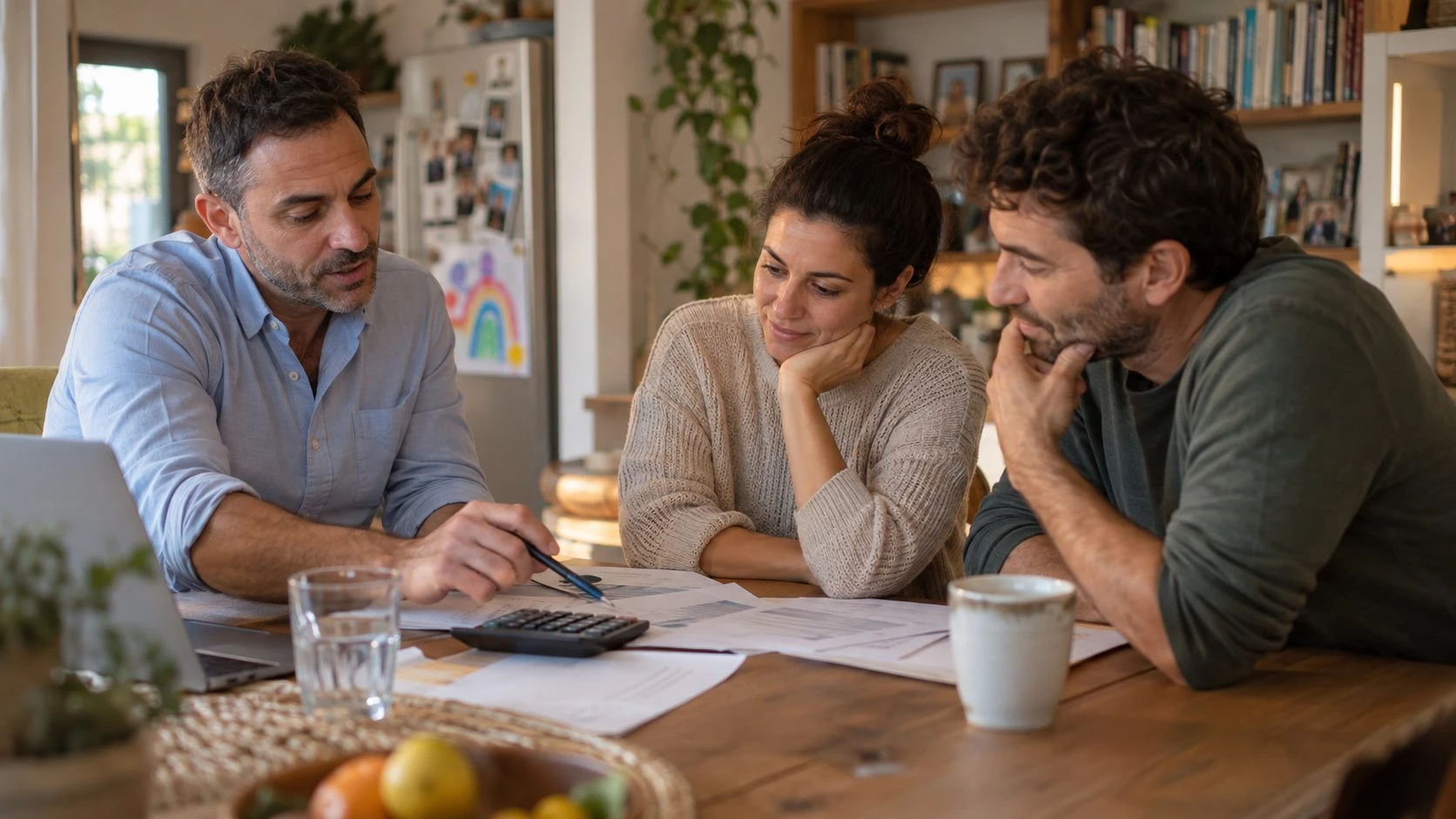 יועץ משכנתאות יושב עם זוג סביב שולחן המטבח ובוחן מסמכים