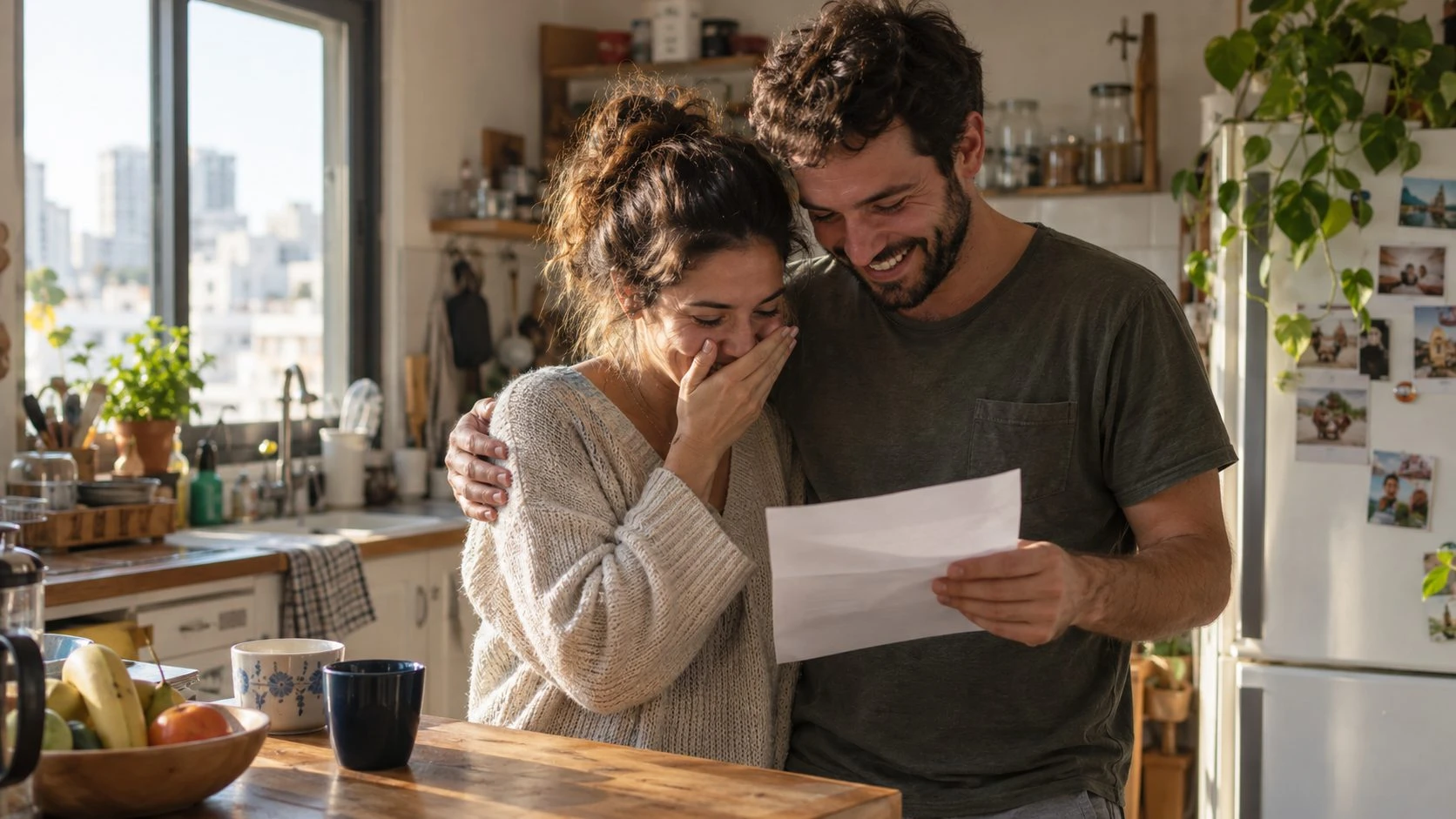 זוג צעיר במטבח שמח לקבל אישור למשכנתא